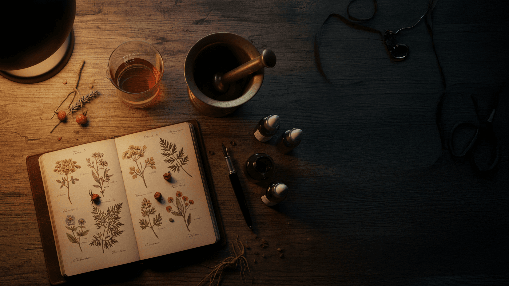 The house journal open on a desk among pressed plant specimens