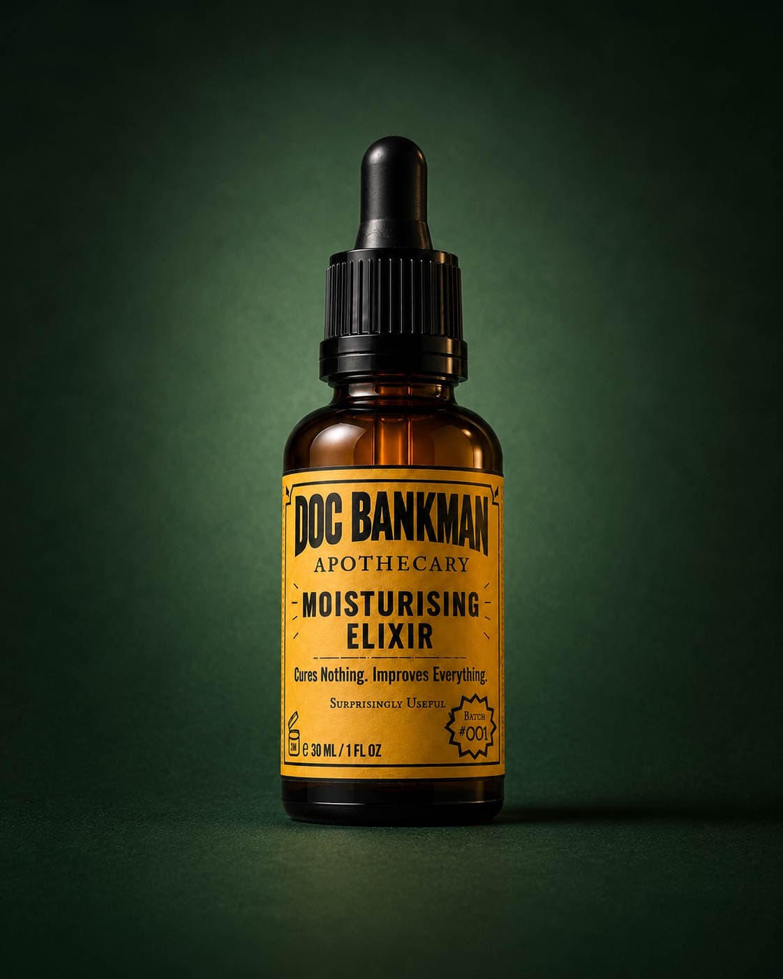 The Moisturising Elixir, a 30 ml amber dropper bottle with a yellow label, on green