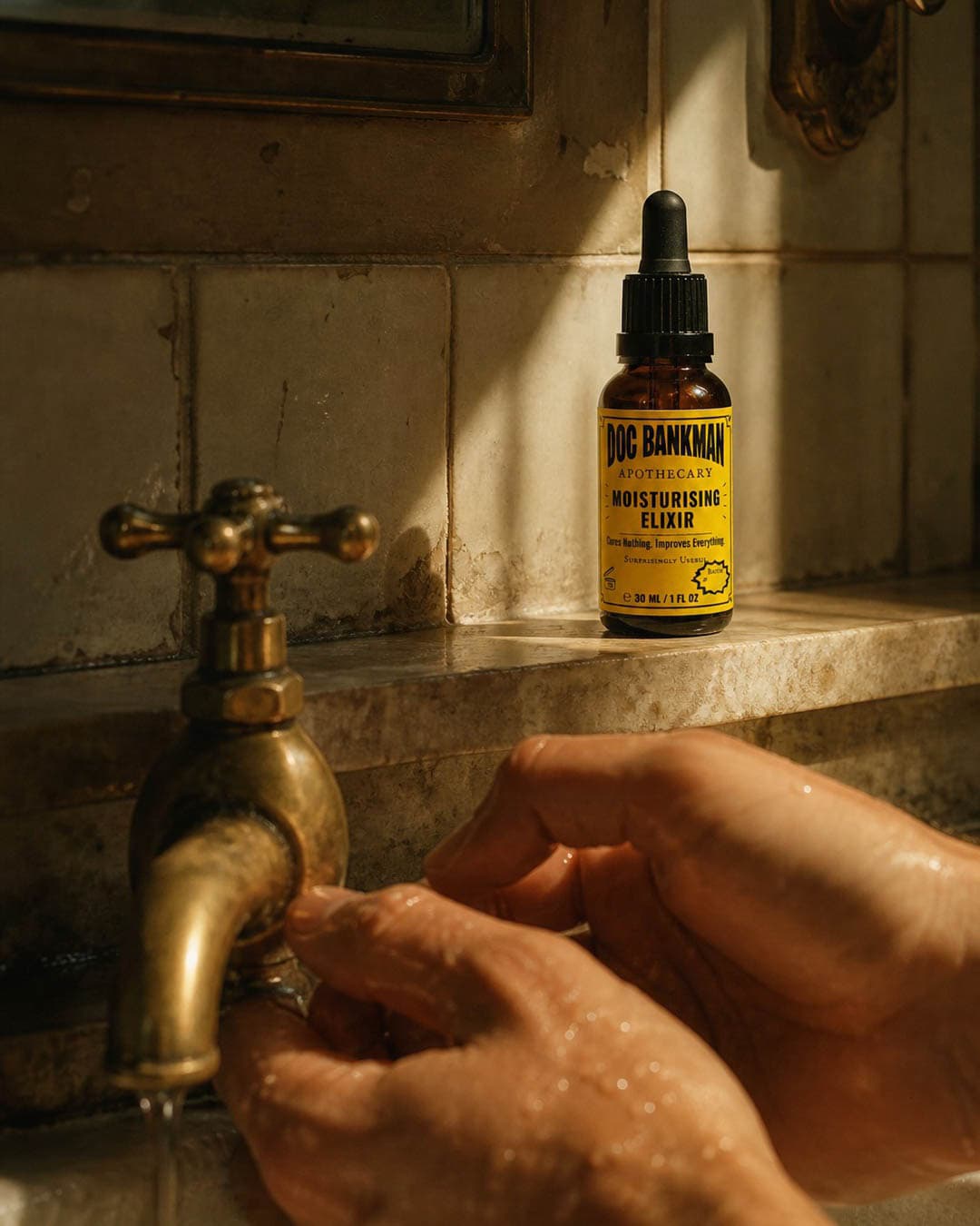 A hand resting by the bottle on a basin ledge