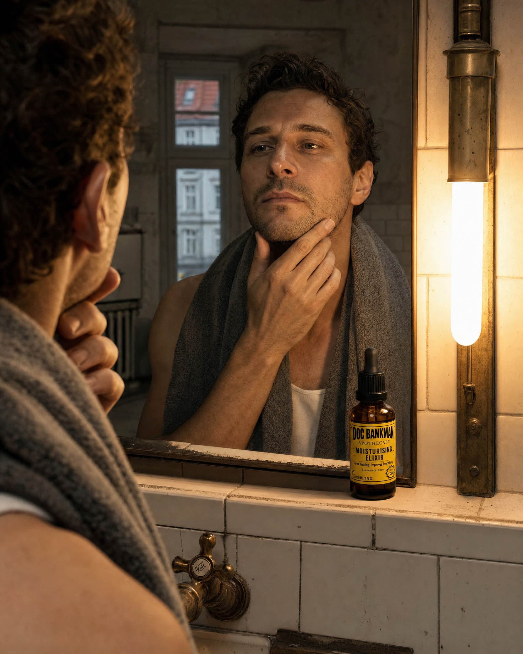 A man at the bathroom mirror in the morning, towel over his shoulders, the bottle on the basin ledge