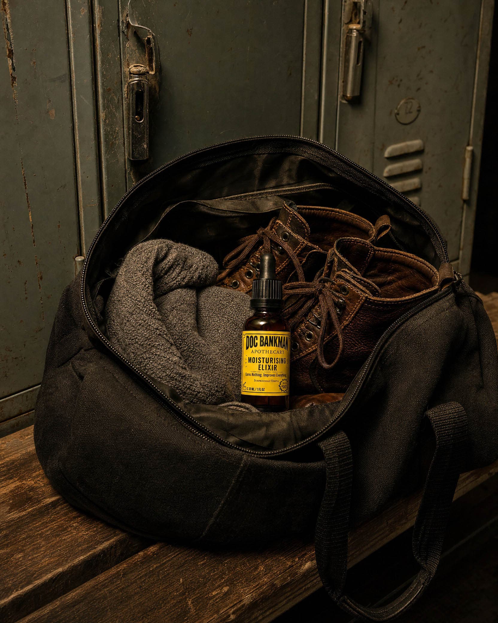 An open gym bag on a locker-room bench, the bottle among a towel and boots