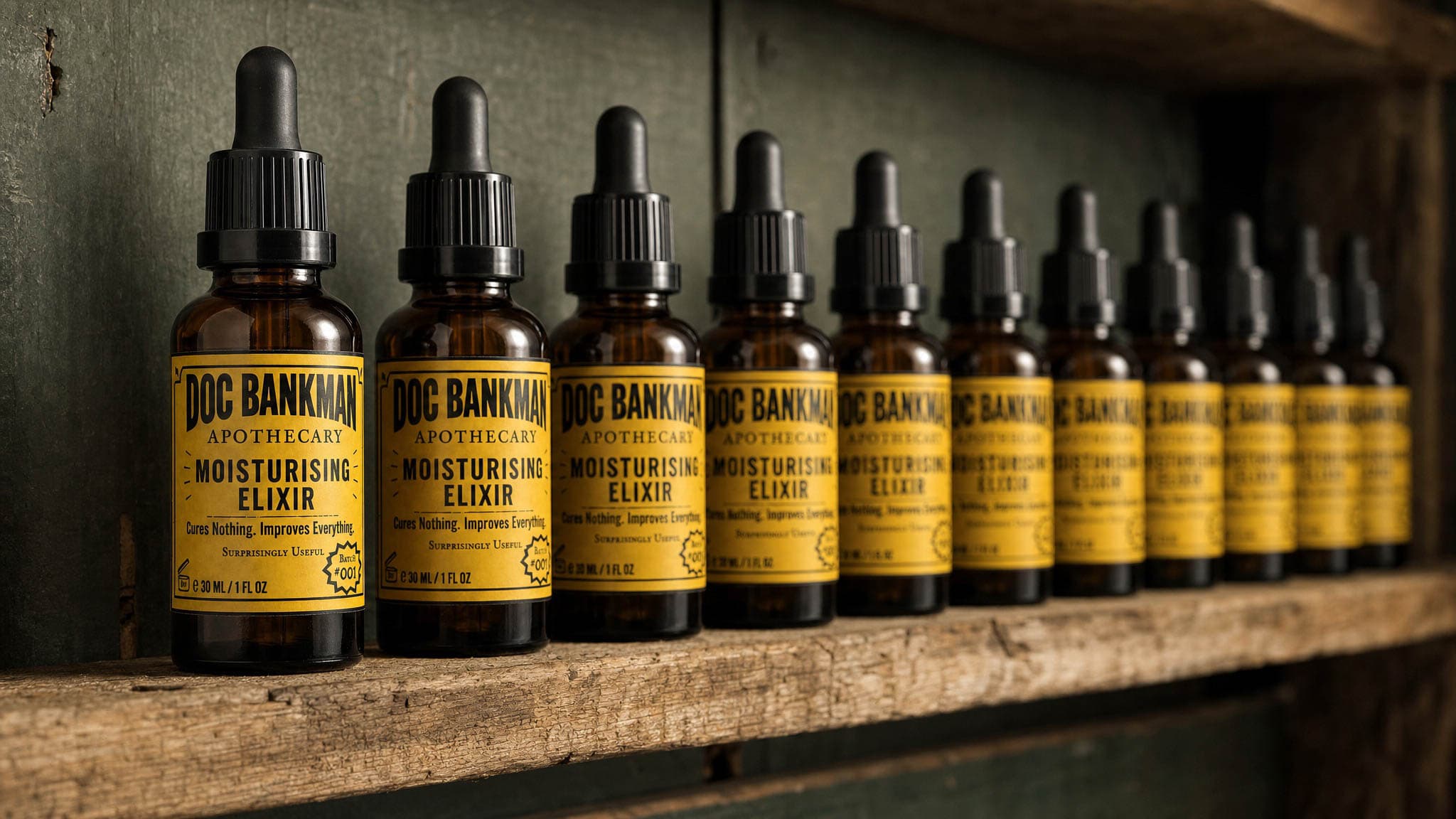 A shelf of sealed bottles from one batch, ranked in a row