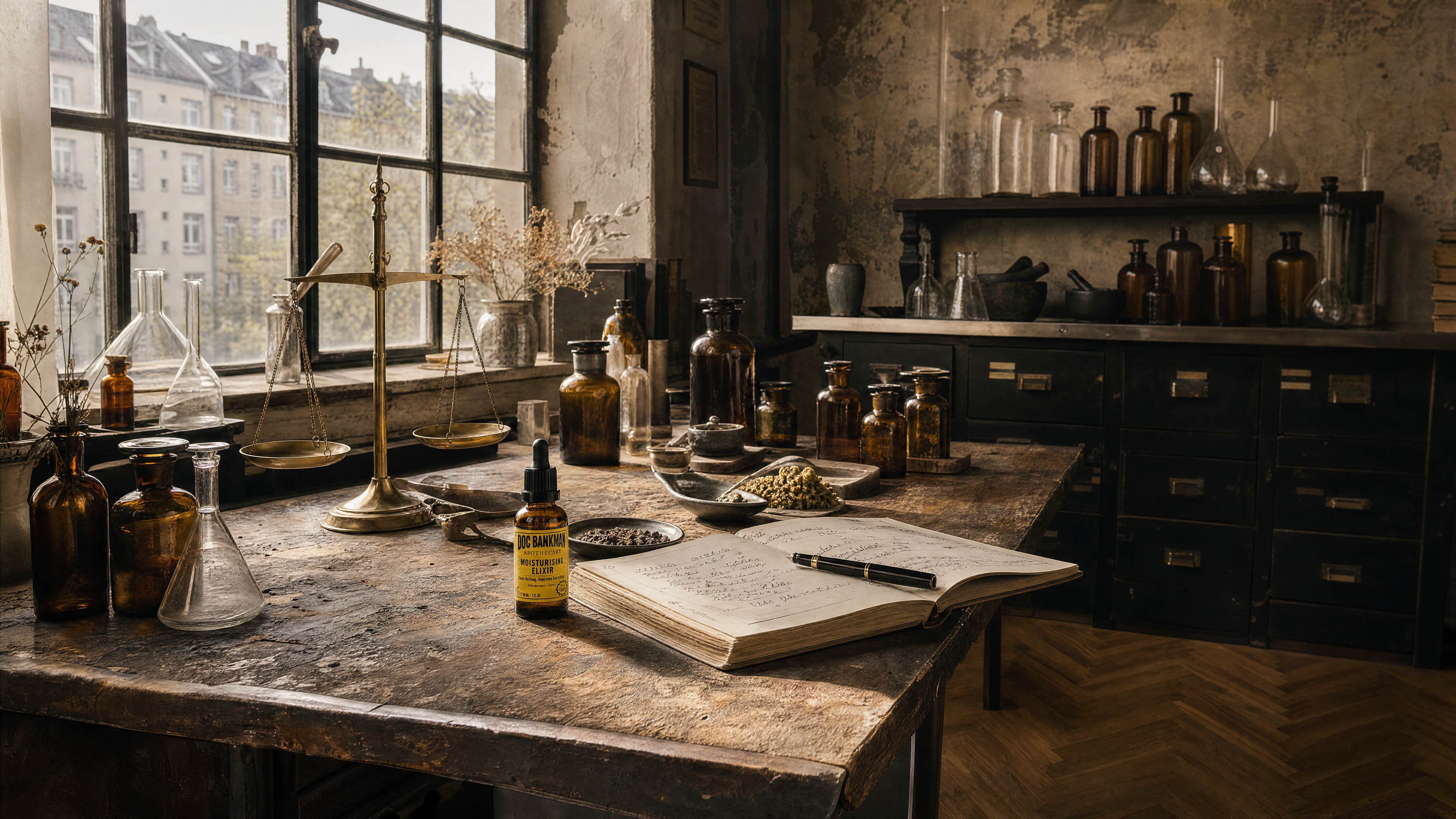 The workbench wide: bottles, brass balance and the batch ledger