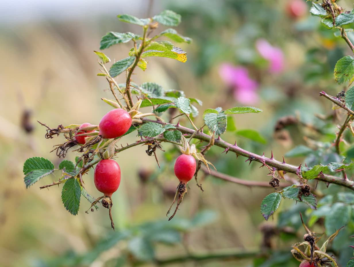 Rosehip hedgerow, fruit on the branch