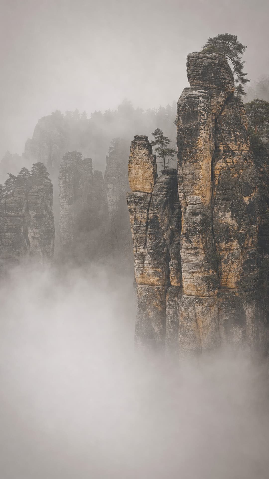 Elbe sandstone towers standing in cloud