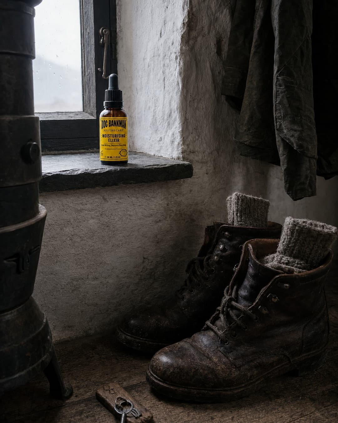 The kit laid out on a hut window sill: bottle, cloth, notebook