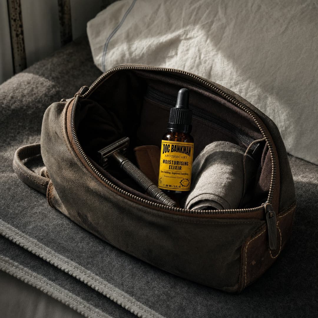 An open washbag with the bottle packed among ordinary travel things