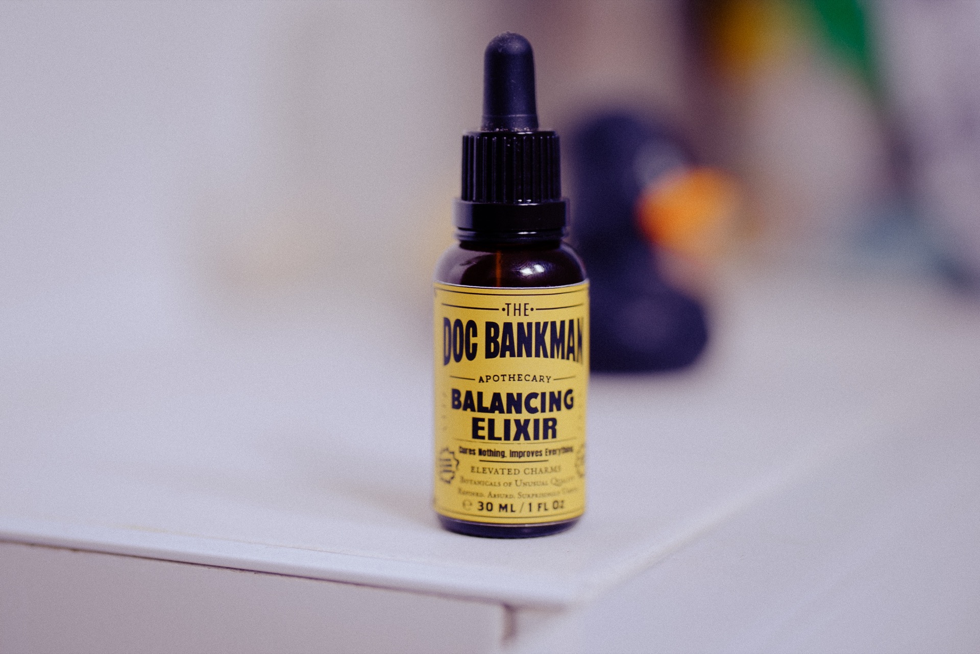 Elixir on a bathroom shelf