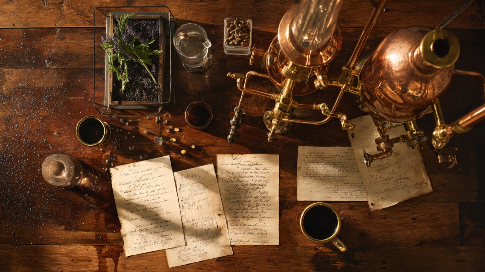 Field notes and apothecary jars on a desk