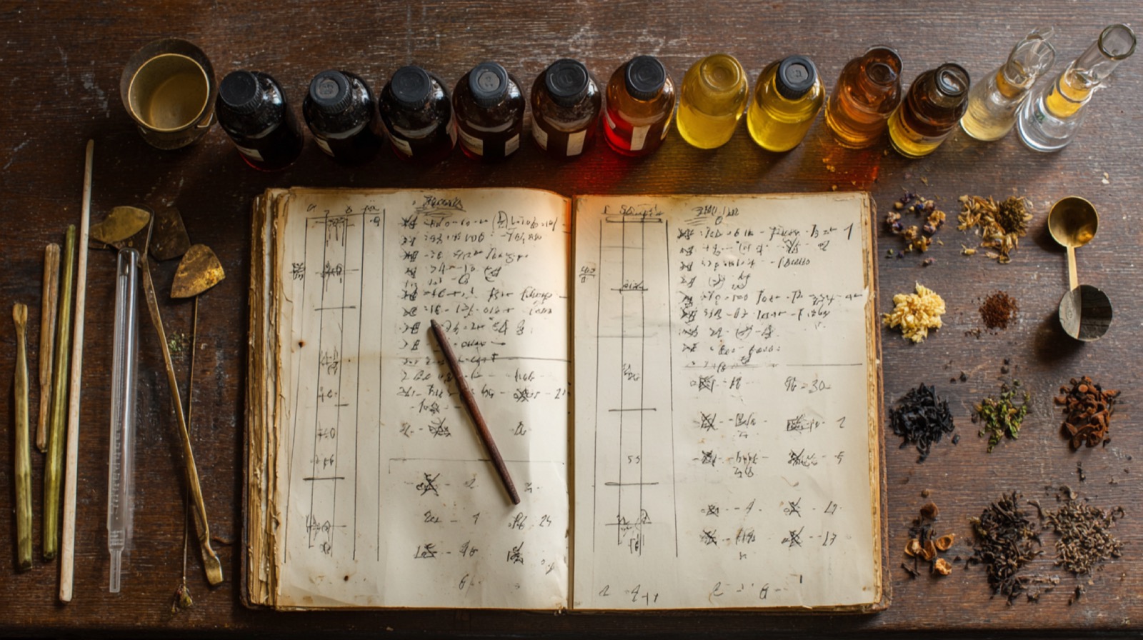 Apothecary desk with journal, bottles, and botanical specimens