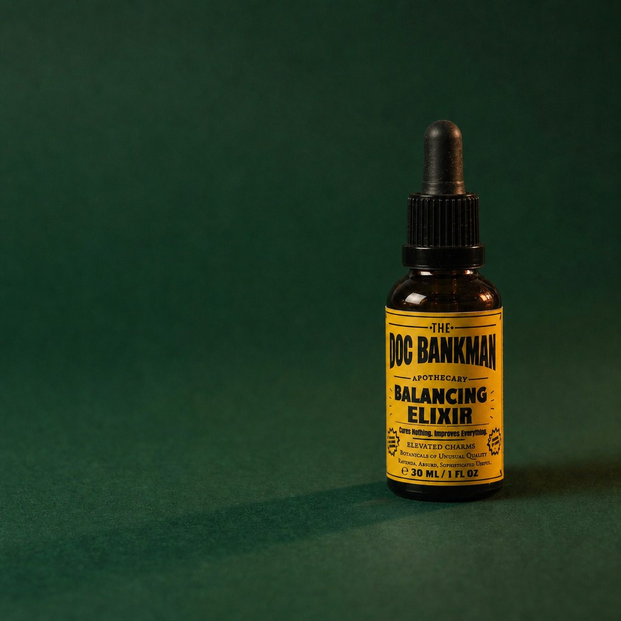 The Balancing Elixir on the bottle-green backdrop