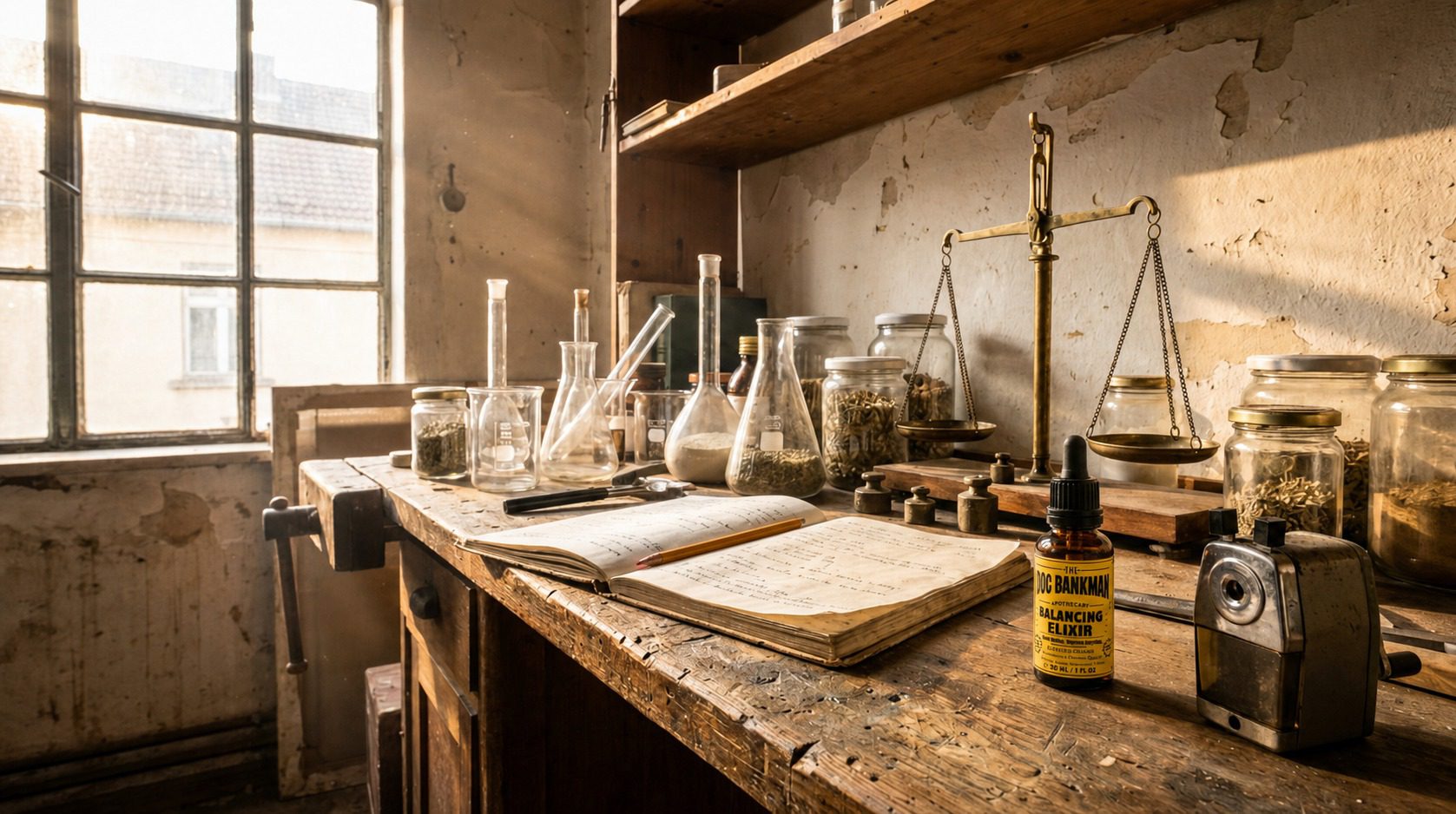The formulation bench — beakers, brass scale, and the elixir among works in progress