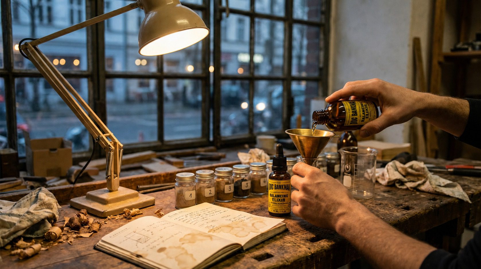 Filling a numbered batch of elixir bottles by hand at the workshop bench