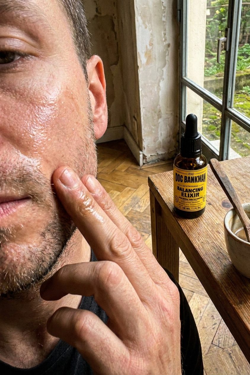 Two fingers pressing the elixir into a damp cheek